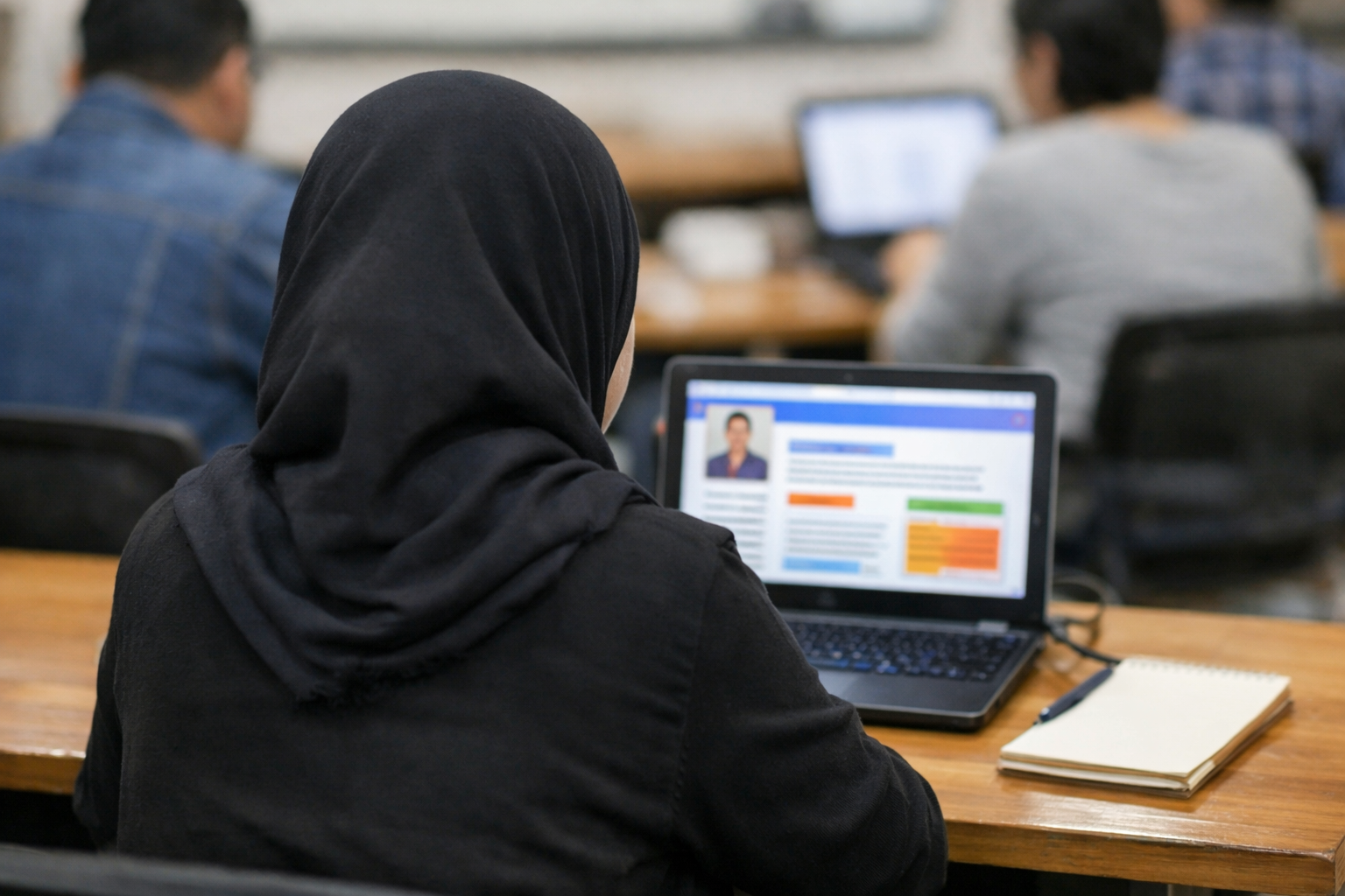 Person wearing a black headscarf sits at a desk in a classroom, using a laptop that displays a profile page, with a notebook and pen beside it and other people working on laptops in the background.